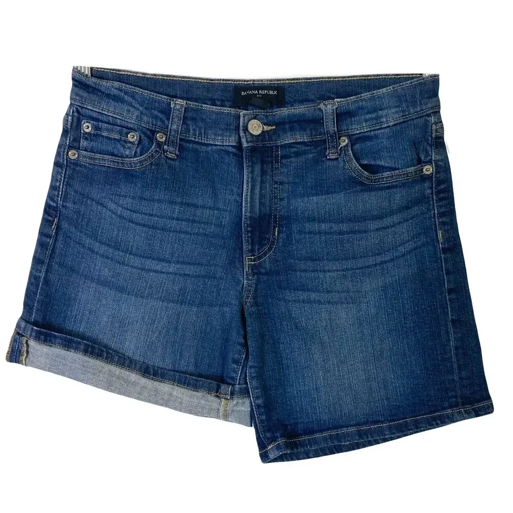 BANANA REPUBLIC Shorts Women 27/4 Blue Denim Dark-Wash Pocket Roll-Tab Chino